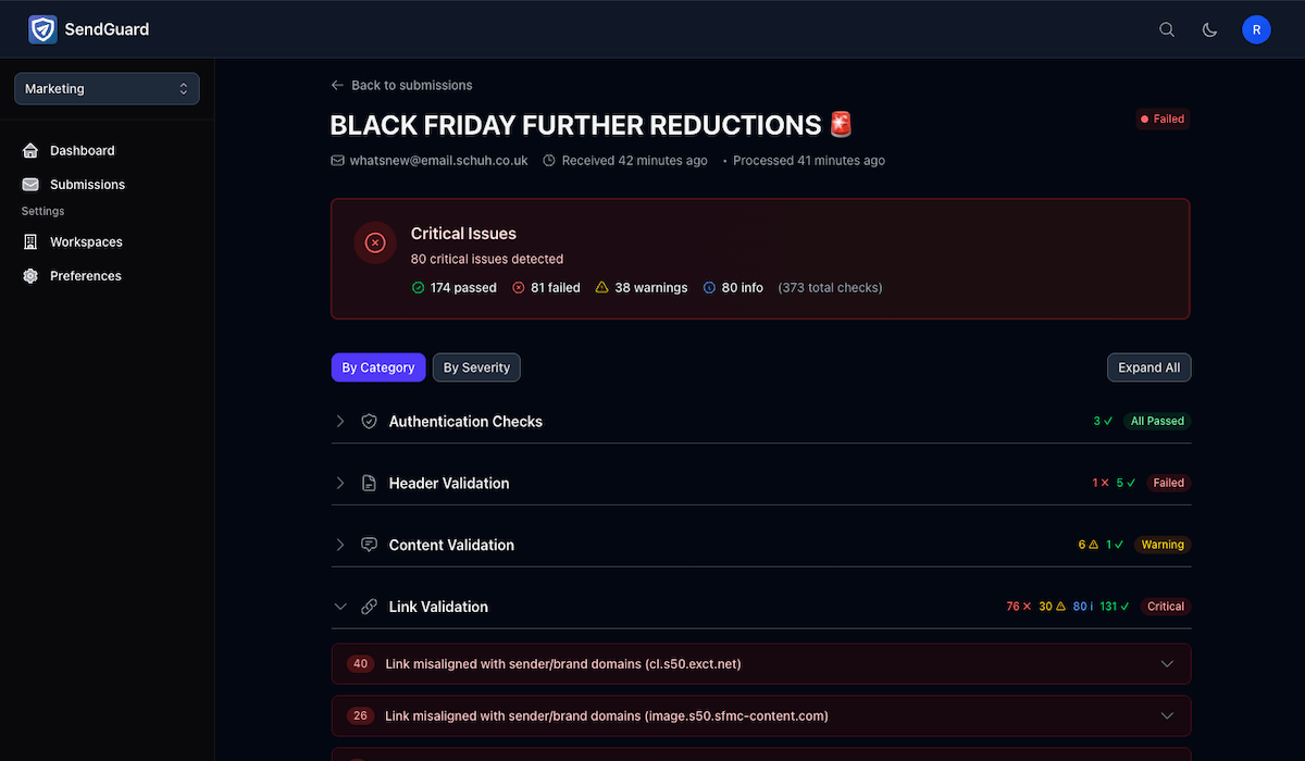 SendGuard results interface showing check results with severity indicators, actionable guidance, and clear pass/fail status for email campaign validation