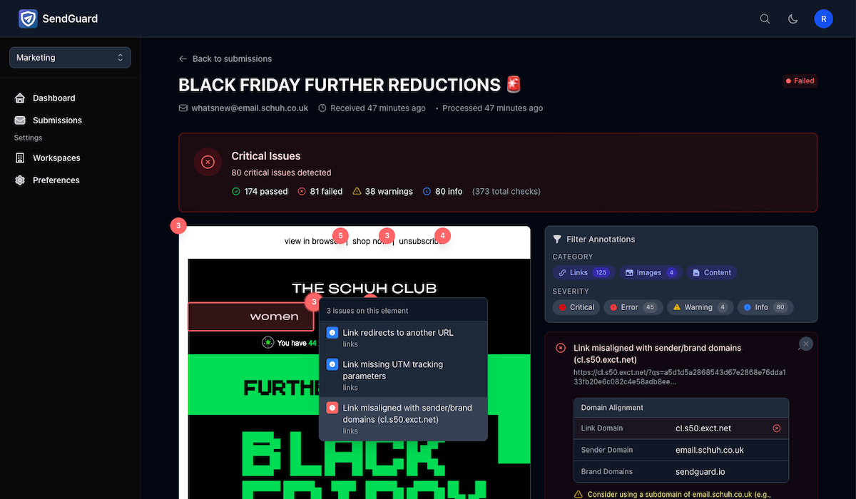 SendGuard email preview with issue annotations highlighted directly on the email content